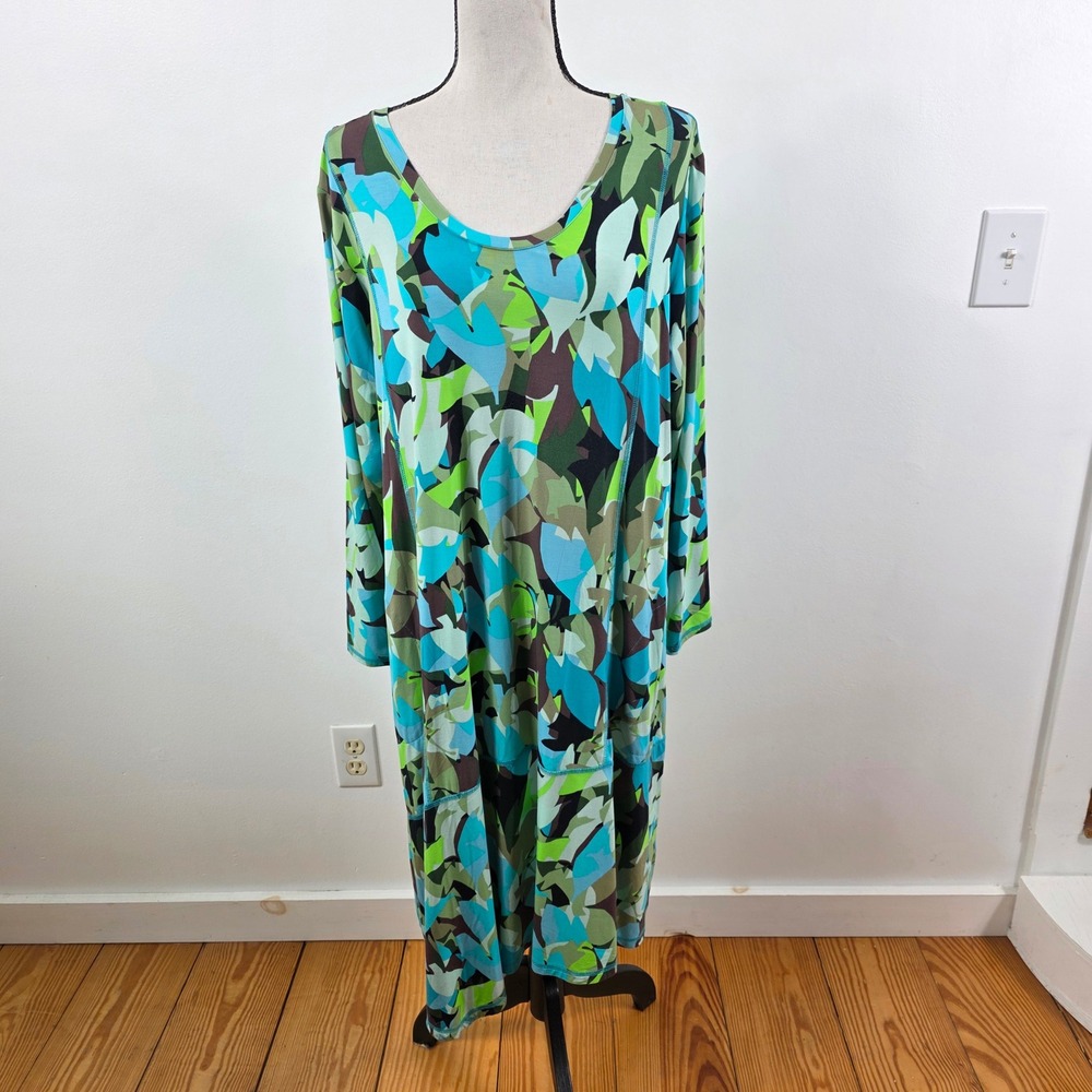 LOGO Lori Goldstein Midi Dress Womens MP Blue Green Abstract‎ Leaf Long Sleeve